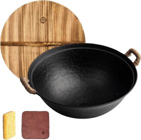 WANGYUANJI 11.8" Handmade Cast Iron Wok, Small Round Bottom Wok for 1 Person with Dual Handle, Suitable for All Cooktops