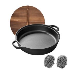 WANGYUANJI 9.8"Cast Iron Wok with Dual Handles and Wooden Lid, Uncoated Frying Pan for Gas and IH, Chinese Thickened Pancake Pan