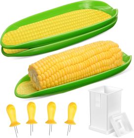 2 Pcs Melamine Corn Dishes with 4 Pcs Holders and 1 Butter Spreaders, Corn on the Cob Skewers Service Tray for BBQ Tools Cob Dinnerware Set